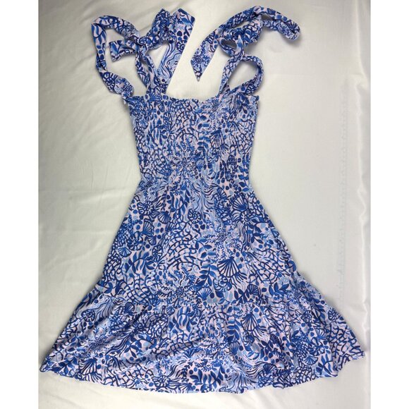 Lilly Pulitzer Kailua Smocked Dress Tie Shoulder Straps Blue and Pink XXS - Picture 2 of 6